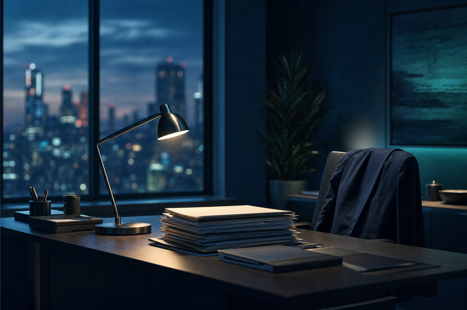 Leader working alone at an office desk at dusk